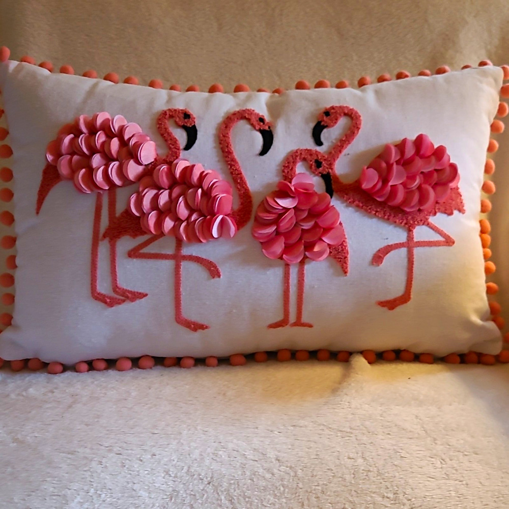 C&F Home Flamingo Friends Lumbar Throw Pillow 19"x16" Pom Pom Trim Pink